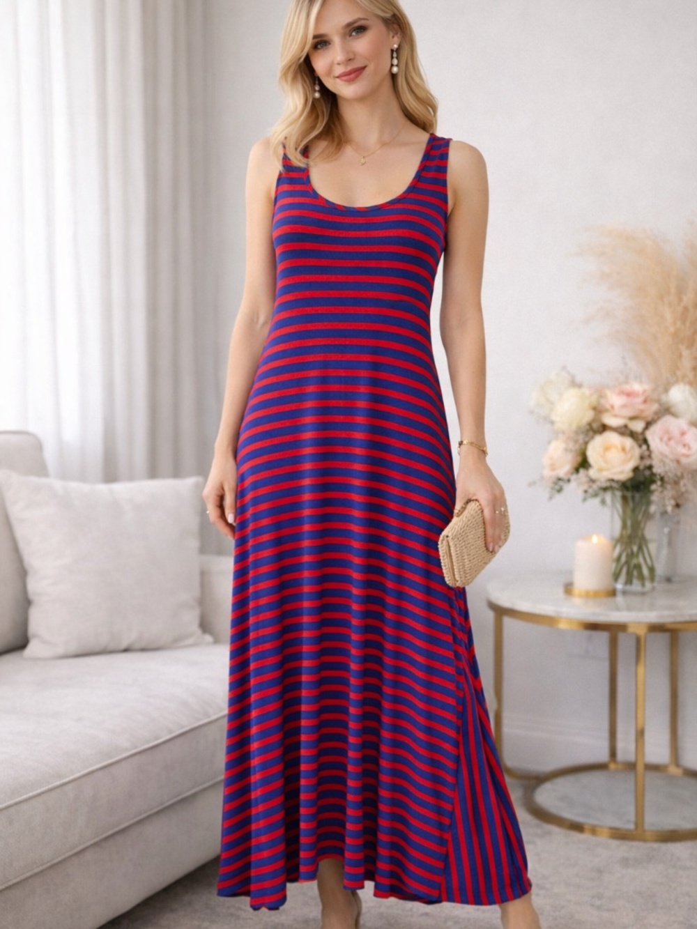 Vineyard Vines Blue & Red Striped Maxi Tank Dress Size S Rayon Blend Jersey Knit